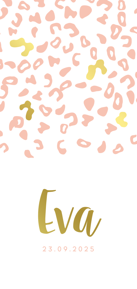 Trendy goudfolie geboortekaartje meisje met peach panterprint
