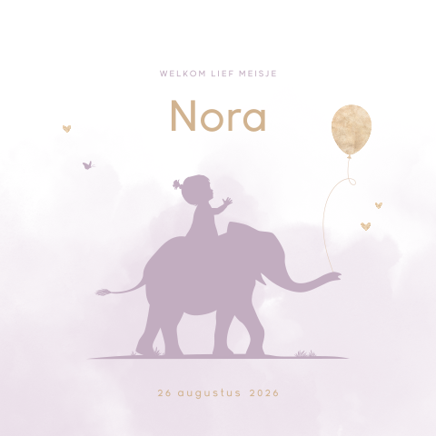 Paars watercolour geboortekaartje met silhouet van meisje op olifant