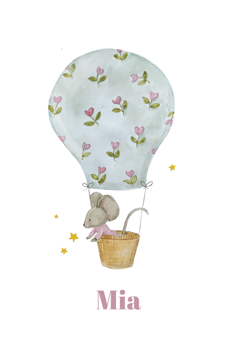 Schattig geboortekaartje meisje met muisje in luchtballon