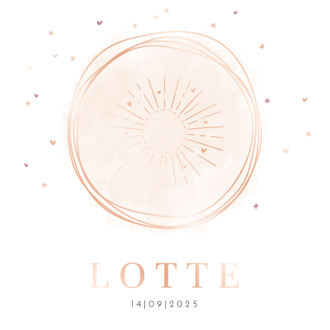 Trendy rosegoudfolie geboortekaartje met zon en roze watercolour
