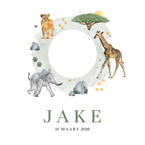 Stoer stans geboortekaartje met cirkel uitsnede en jungle thema