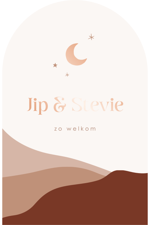 Hip tweeling geboortekaartje met bergen en roségoudfolie maan