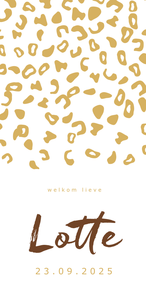 Hip geboortekaartje met okergele luipaardprint