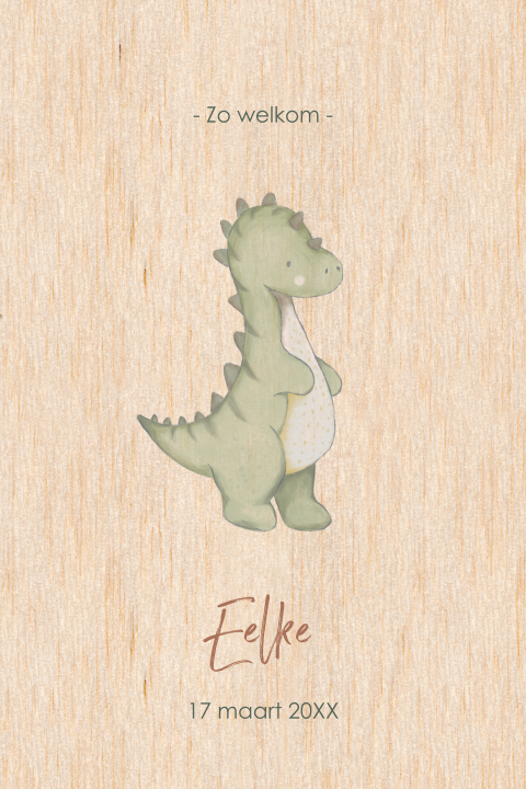 Houten geboortekaartje met schattige illustratie van groene dino