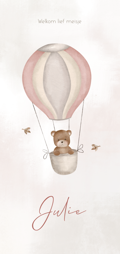 Lief geboortekaartje meisje met watercolour en beertje in luchtballon