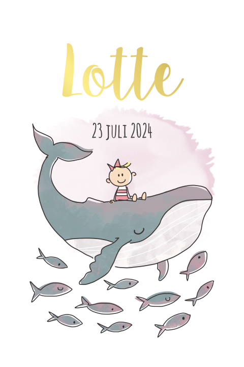 Geboortekaartje met meisje zittend op een walvis en naam in goudfolie