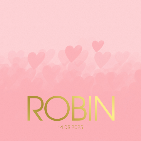 Lief geboortekaartje voor een meisje met roze hartjes en goudfolie