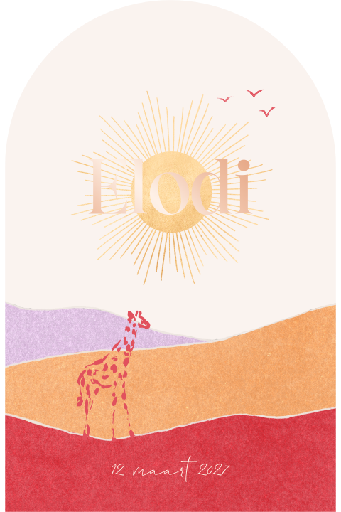Roségoudfolie geboortekaartje meisje met bergen en giraffe