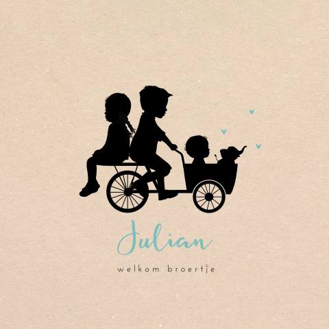 Geboortekaart met silhouet van broertje met broer en zus in bakfiets
