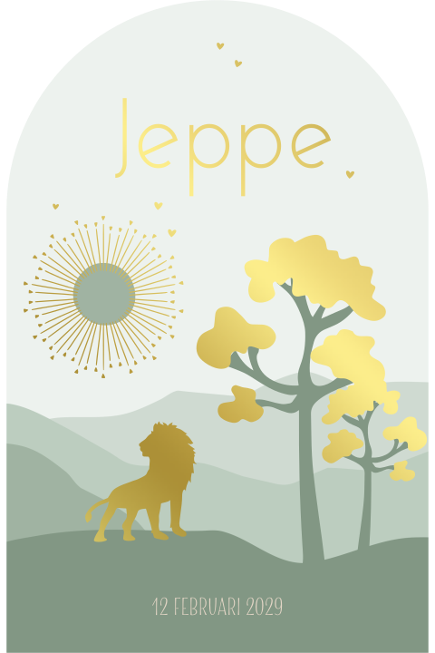 Uniek kaartje met landschap, leeuw, zon en goudfolie voor een jongen