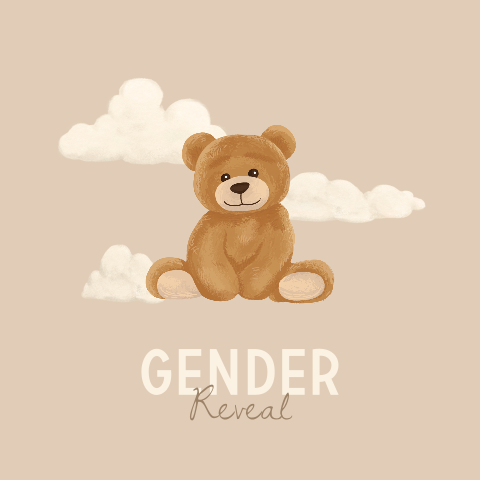 Gender reveal uitnodiging beige met teddybeer