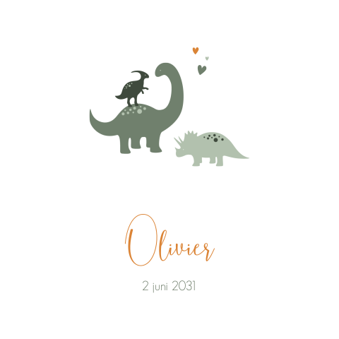 Stoer geboortekaartje met groene dino's en hartjes