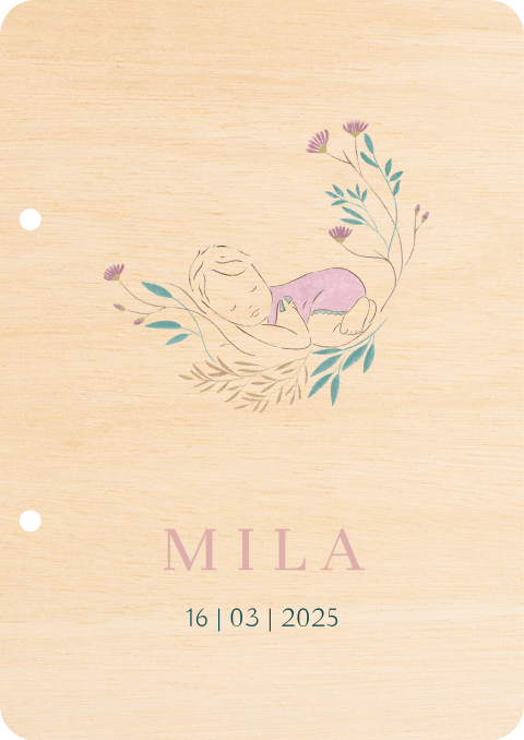 Houten bewaarbundel met lijntekening baby en bloemen 