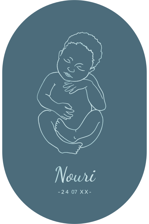 Origineel geboortekaartje blauw met hoogglans baby lijntekening