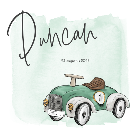 Trendy geboortekaart met groene watercolour en loopauto