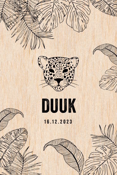 Echt houten geboortekaartje voor zoontje met jungle lijntekeningen