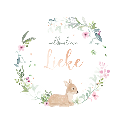 Lief roségoudfolie babykaartje met hertje en bloemenkrans