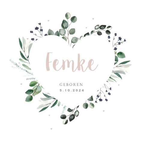 Romantisch geboortekaartje voor meisje met takjes en hartje