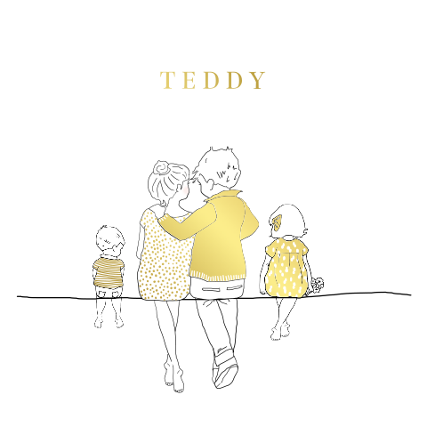 Geboortekaart illustratief gezin met broer en zus en foliedruk