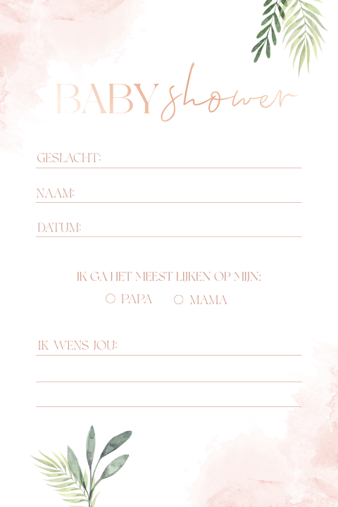 Babyshower invulkaart met roze botanical thema