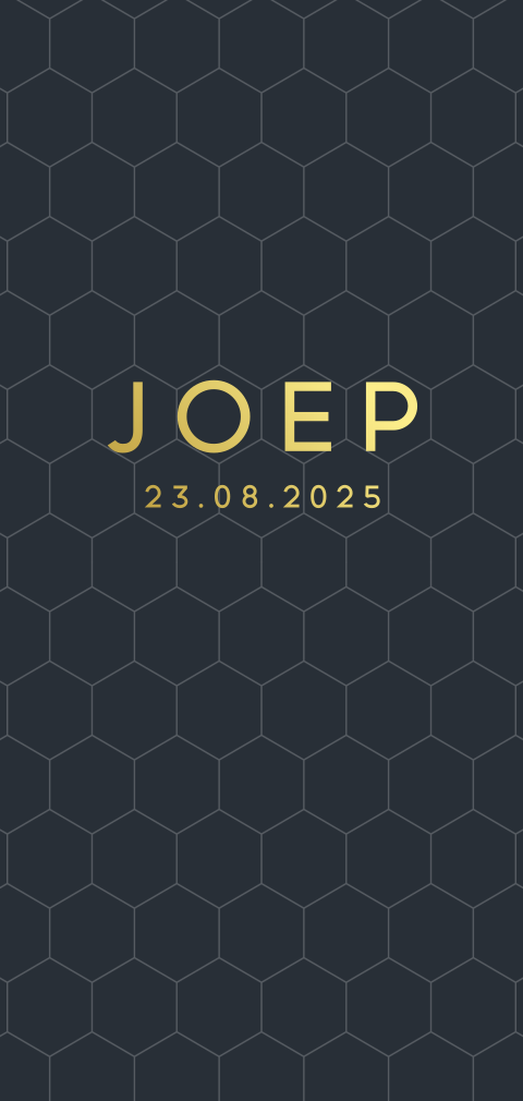 Trendy goudfolie geboortekaartje voor jongen met donkerblauwe hexagon