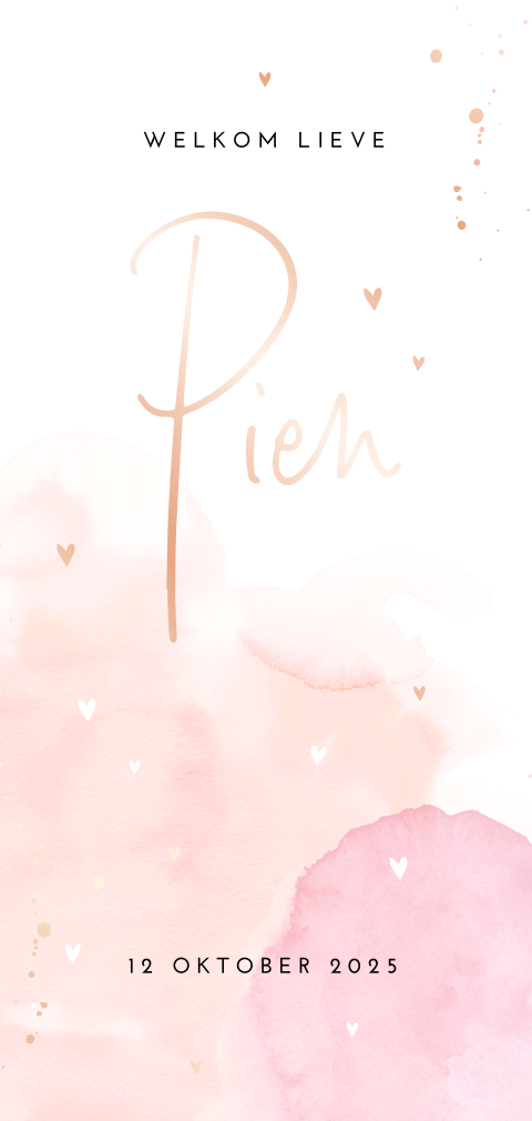 Lief roségoudfolie geboortekaartje met peach watercolour