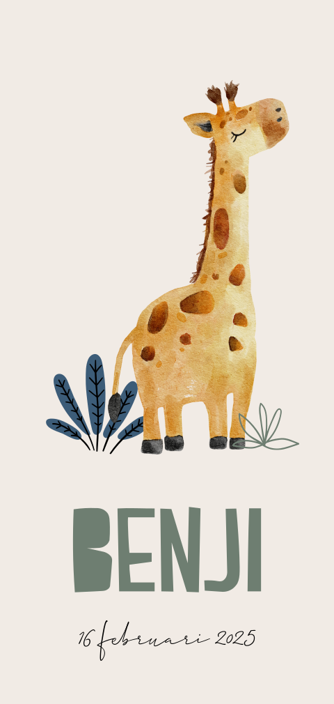 Langwerpig geboortekaartje met watercolour illustratie giraffe