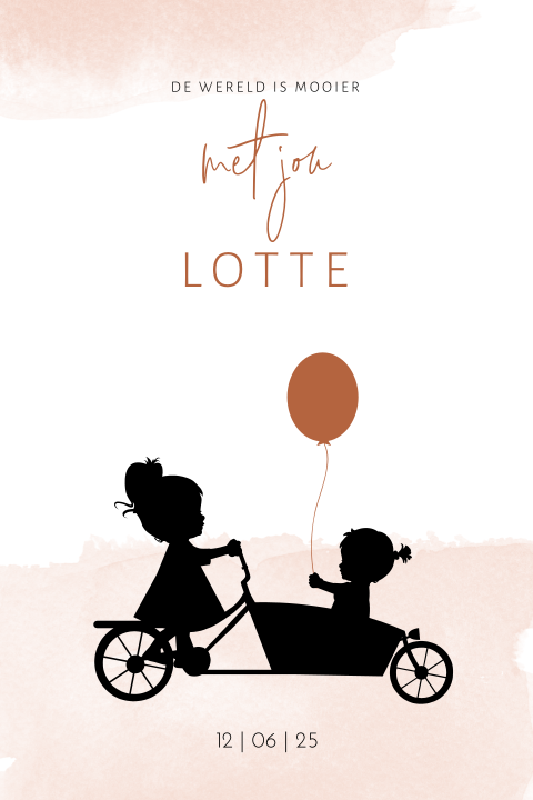Hip geboortekaartje voor meisje met silhouet van zusjes in bakfiets