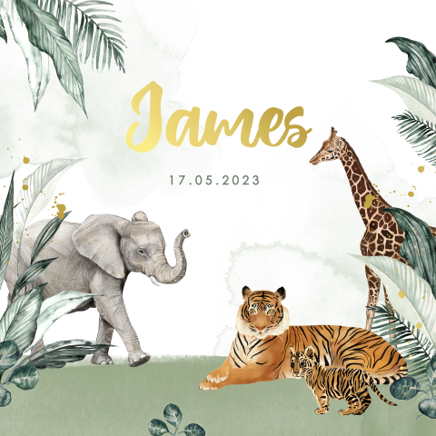 Jungle geboortekaartje voor jongen met goudfolie