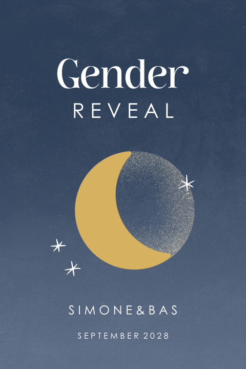 Gender reveal uitnodiging blauw met maan en sterren