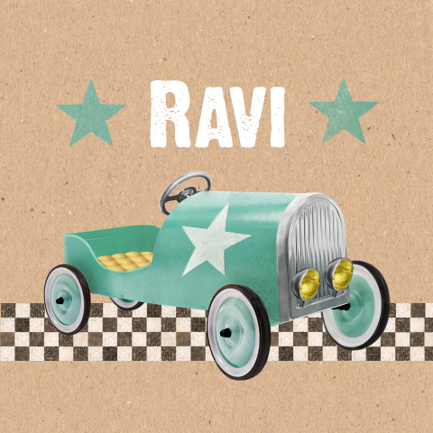 Retro geboortekaartje met auto en kraftlook-achtergrond