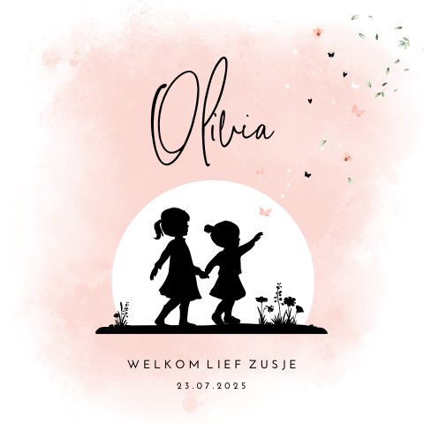 Lief roze watercolour geboortekaartje met silhouet van zusjes