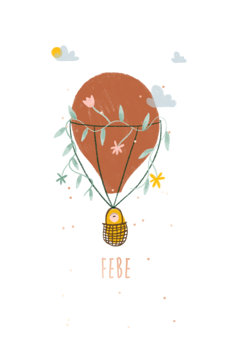 Avontuurlijk roségoudfolie geboortekaartje voor meisje met luchtballon