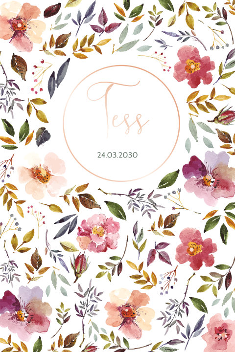 Geboortekaartje meisje bloemen waterverf en roségoudfolie