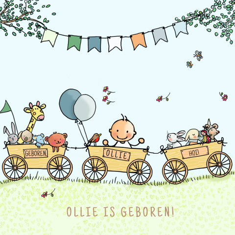 Vrolijk en kleurrijk geboortekaartje met baby en dieren