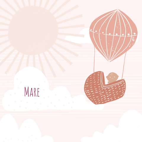 Lief geboortekaartje meisje met luchtballon en wiegje in de wolken