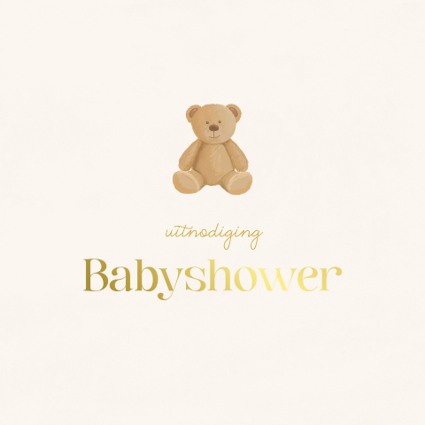 Babyshower uitnodiging met goudfolie en beertje