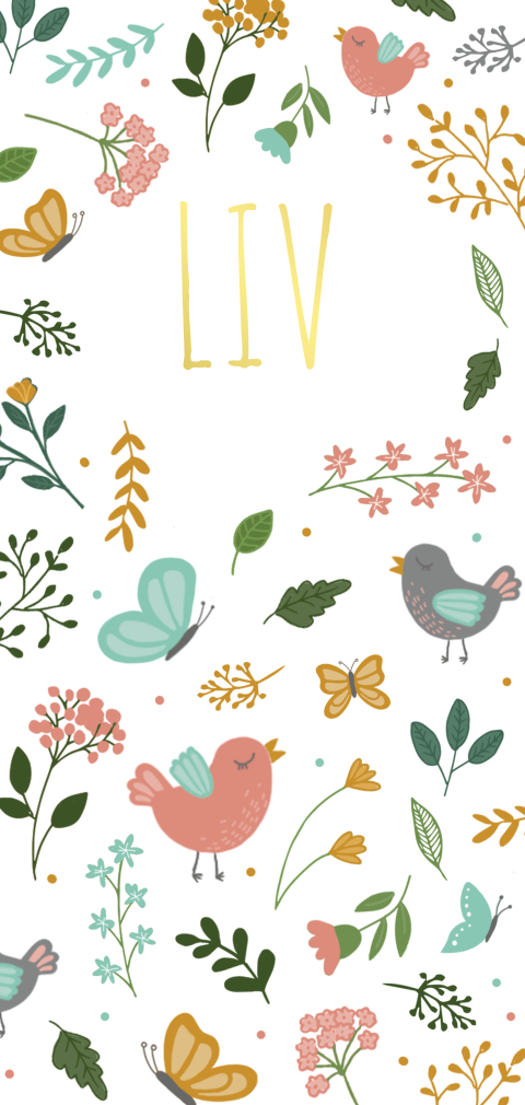 Goudfolie lief, vrolijk babykaartje meisje met bloemen en vogels