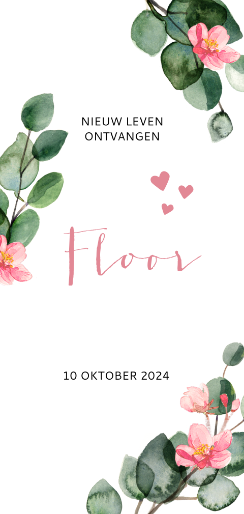 Botanisch geboortekaartje voor meisje met eucalyptus en bloemetjes