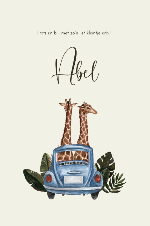 Trendy jungle geboortekaartje voor jongen met giraffes in kever