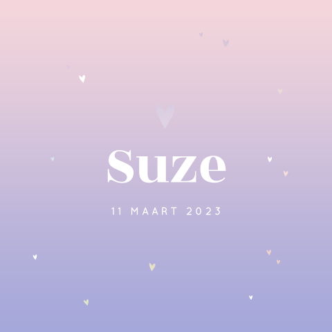 Lief geboortekaartje in paars en roze met holografisch folie