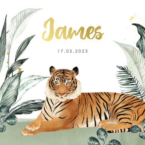 Stoer geboortekaartje jongen met tijger en goudfolie
