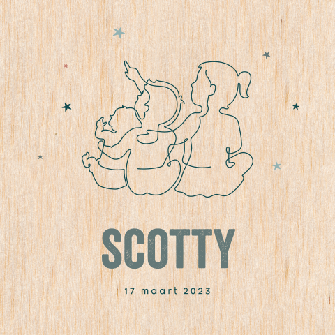 Echt houten babykaartje voor een broertje met lijntekening