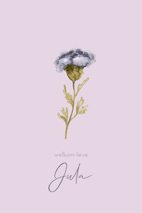 Lila geboortekaartje met getekende bloem voor een meisje
