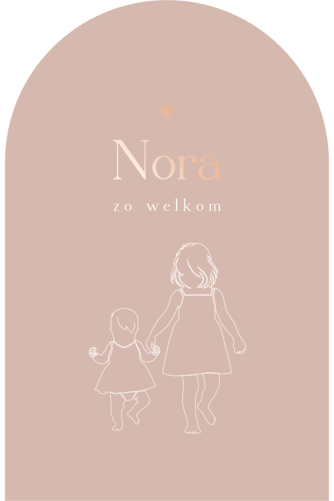 Geboortekaartje roze met lijntekening zusjes en roségoudfolie