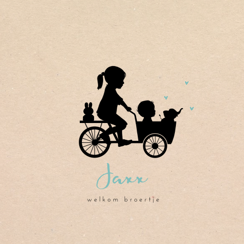 Kraft geboortekaart met silhouet van zus met baby broertje in bakfiets