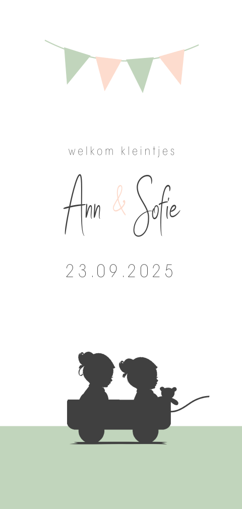 Hip geboortekaartje met silhouet van twee meisjes in een karretje