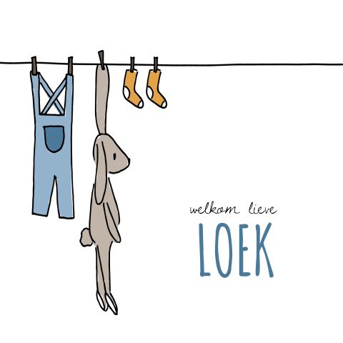 Lief geboortekaartje voor jongen met tekening konijn aan waslijn