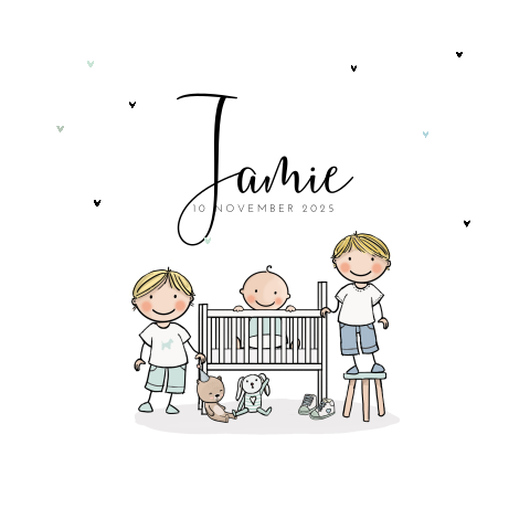 Lieve geboortekaart met tekening van ledikant met broers en hartjes