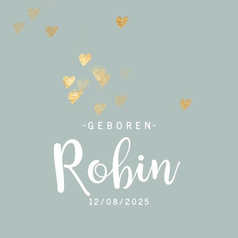 Hip geboortekaartje met goudkleurige hartjesregen